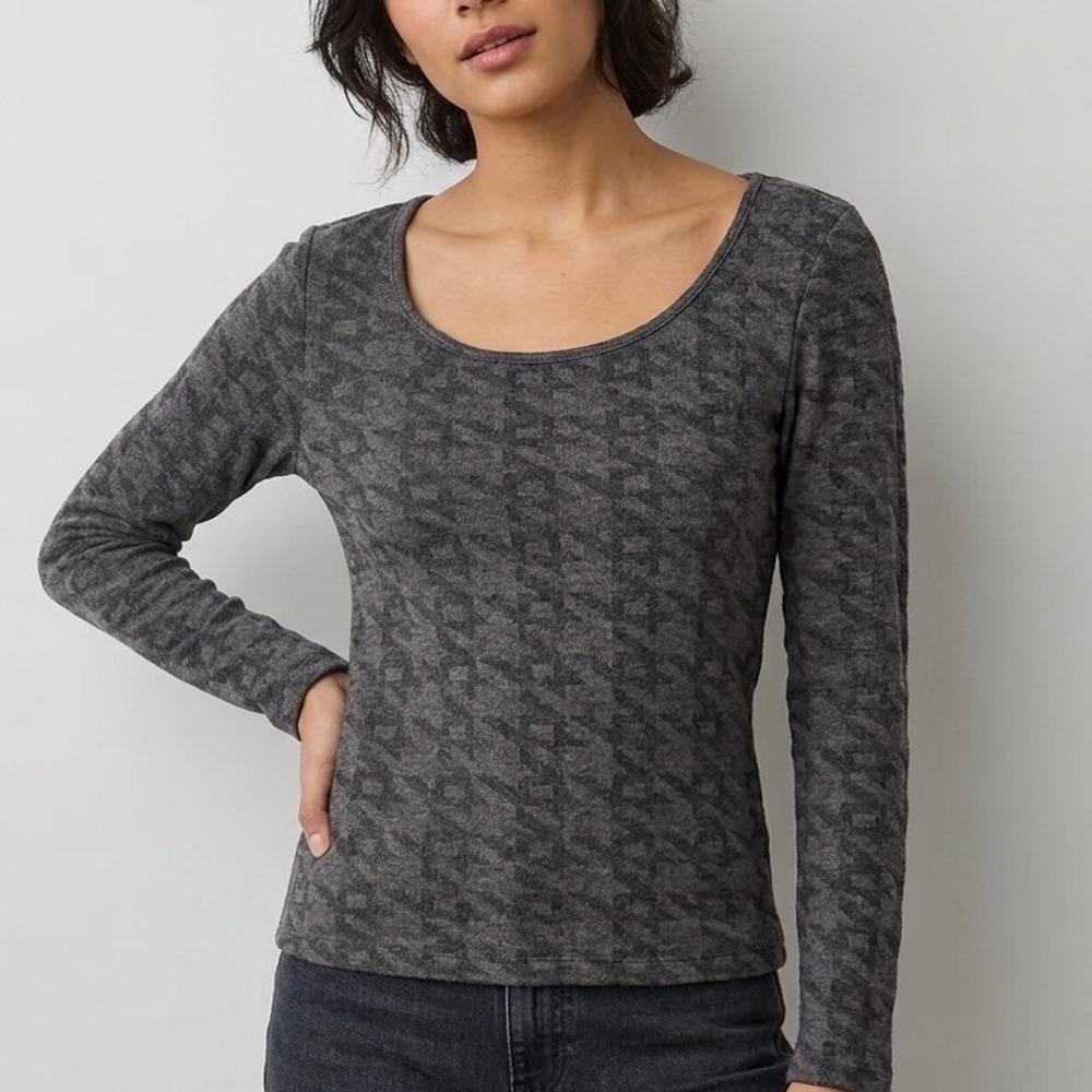 BOMBOM Womens XL Charcoal Grey Houndstooth Long Sleeve Scoop Neck Top USA Made